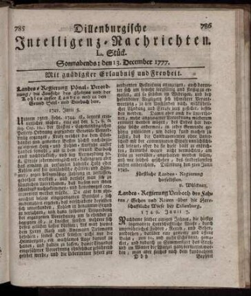L. Stück. Sonnabends: den 13. December 1777.