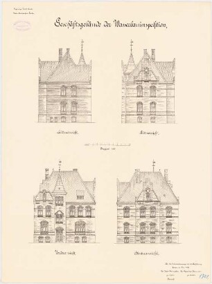 Verwaltungsgebäude der Wasserbauinspektion, Emden: Aufriss Vorderansicht, Rückansicht, Seitenansichten 1:100