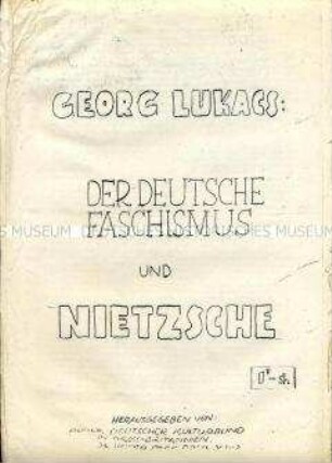 Hektografierter Aufsatz von Georg Lukacs über die philosophischen Wurzeln des deutschen Faschismus, geschrieben im Exil in Großbritannien