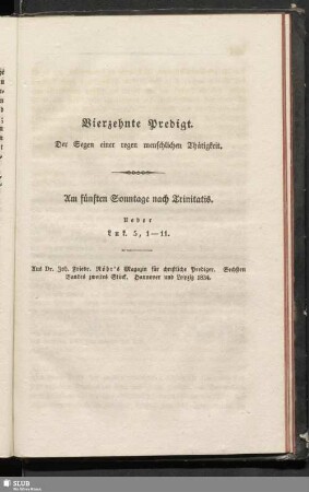 Viertzehnte Predigt. Der Segen einer regen menschlichen Thätigkeit