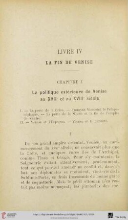 Chapitre I: La politique extérieure de Venise au XVIIe et au XVIIIe siècle