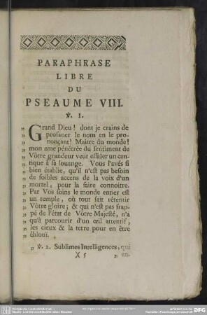 Paraphrase Libre Du Pseaume VIII.