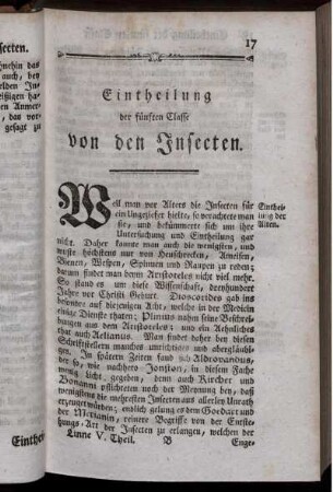 Eintheilung der fünften Classe von den Insecten.