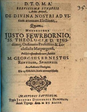 Brevissima synopsis ardui articuli de divina nostri ad vitam aeternam electione