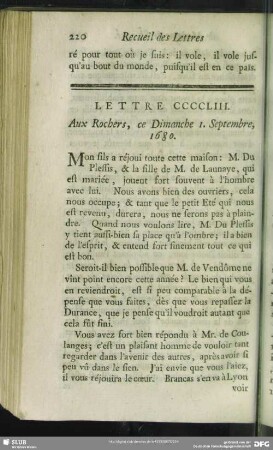 Lettre CCCCLIII. Aux Rochers, ce Dimanche 1. Septembre, 1680