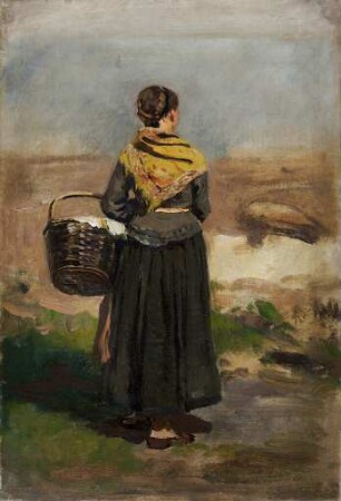 Rückenfigur einer stehenden Frau in Landschaft (Studie)