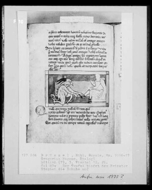 Ms 9916-17, Gregorius Magnus, Dialogi, fol. 87v: Der Teufel bindet dem Priester Stephan die Schuhe auf
