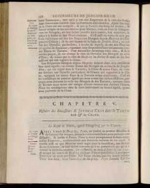 Chapitre V. Histoire des Successeurs de Jenghiz Khan dans la Tartarie & la Chine.