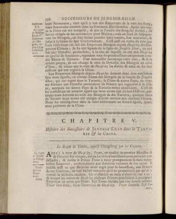 Chapitre V. Histoire des Successeurs de Jenghiz Khan dans la Tartarie & la Chine.