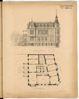 Wohnhausgruppe, Halle/Saale Monatskonkurrenz August 1882: Grundriss und Aufriss Fassade Haus II; Maßstabsleiste