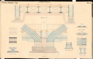 Eisenbahnbrücke über den Rhein, Düsseldorf Schinkelwettbewerb 1867: Flussbrücke, Auflager: Ansicht, Längsschnitt, Details 1:15, 1:1; Maßstabsleiste