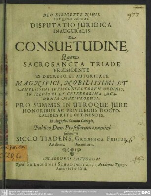 Disputatio juridica inauguralis de consuetudine
