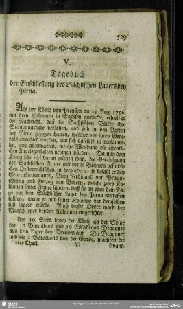 V. Tagebuch der Einschließung des Sächsischen Lagers bey Pirna