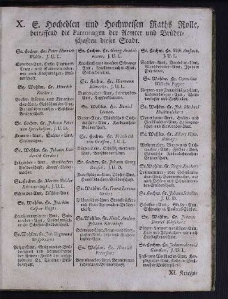 X. E. Hochedlen und Hochweisen Raths Rolle, betreffend die Patronagen der Aemter und Brüderschaften dieser Stadt.