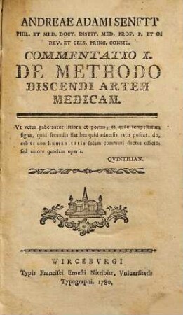 Andreae Adami Senftt ... Commentatio I. De Methodo Discendi Artem Medicam