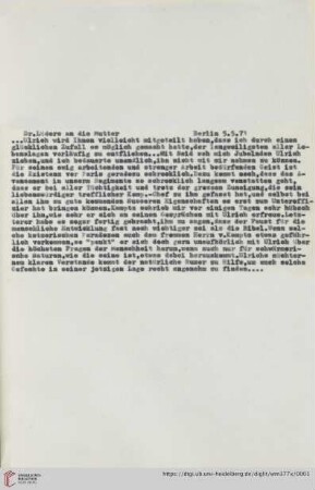 Briefe von und an Ulrich und Ulrike von Wilamowitz-Moellendorff ("2. Abschrift"): Brief von Otto Lüders an Ulrike von Wilamowitz-Moellendorff