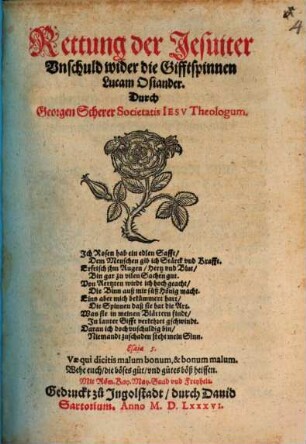 Rettung der Jesuiter Vnschuld wider die Gifftspinnen Lucam Osiander