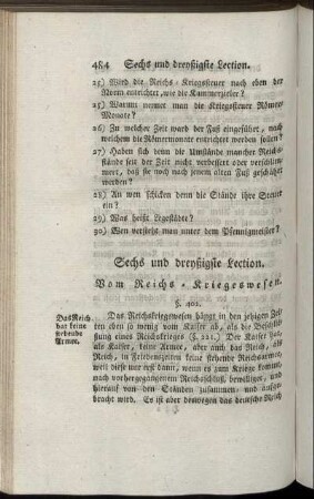 Sechs und dreyßigste Lection. Vom Reichs-Kriegswesen. - Sieben und dreyßigste Lection. Von den Reichsländern im allgemeinen, und deren Inhabern.