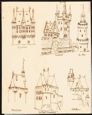Rathaus (?), Oppenheim, Burg Castellaun (Trier-Saarstadt?), Burgen, Umbstadt und Moschellandsberg, Turm in Am Stein, Dachreiter, Monzingen,: Durchzeichnung: sechs perspektivische Ansichten und Teilansichten von inzwischen abgegangenen Gebäuden: Rathaus (?), Burgen (?), Schlösser (?), Türme, Dachreiter, vermutlich nach Kupferstichen im Merian