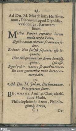 29. Ad Dn. M. Matthiam Hoffmanum, Diaconum apud Dipoldiswaldenses, Parentem suum