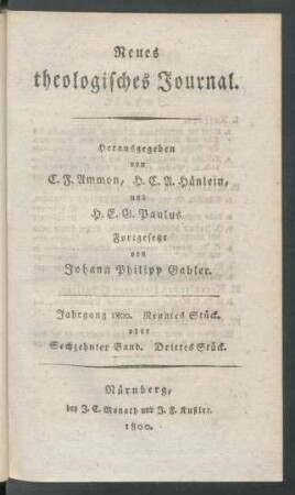 Jahrgang 1800. Neuntes Stück. oder Sechzehnter Band. Drittes Stück