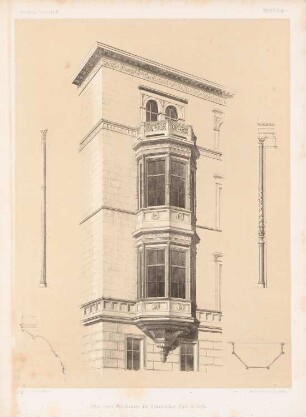 Erker eines Wohnhauses am Askanischen Platz, Berlin: Perspektivische Ansicht, Schnitte, Details (aus: Architektonisches Skizzenbuch, H. 23, 1855)