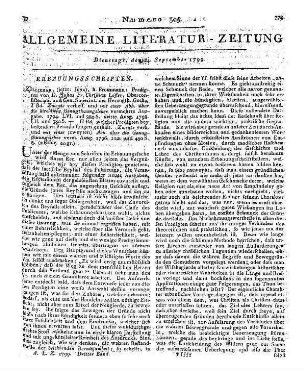 Löffler, J. F. C.: Predigten. 2. Aufl. u. 3. Aufl., Bd. 1-2. Mit einer Abhandlung über die kirchliche Genugthuungslehre. Züllichau, Freystadt: Frommann 1794-98 Zweite und dritte Auflage zugleich rezensiert.