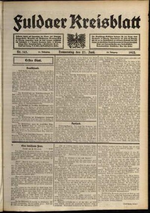 Erste Ausgabe vom Donnerstag, den 27. Juni 1912.