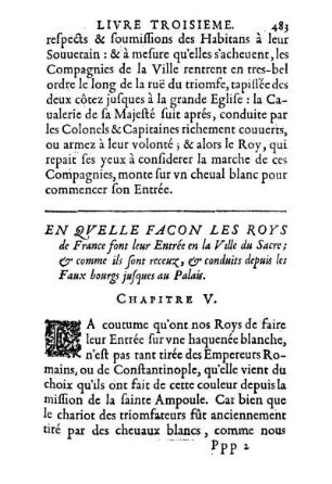 En Qvelle Facon Les Roys de France font leur Entrée en la Ville du Sacre; [...] Chapitre V.