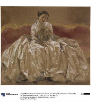 Prinzessin Wilhelmine von Preußen (Markgräfin Wilhelmine von Bayreuth) auf dem Sofa sitzend, Studie zum Gemälde "Das Flötenkonzert Friedrichs des Großen in Sanssouci" von 1852