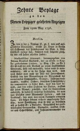 Zehnte Beylage zu den Leipziger gelehrten Anzeigen - Zum 15ten May 1796.