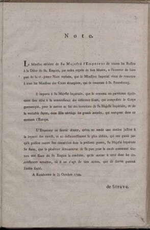 Note : Le Ministre résident de Sa Majesté l'Empereur de toutes les Russies à la Diète du St. Empire ... ; A Ratisbonne le 18/29 Octobre 1799