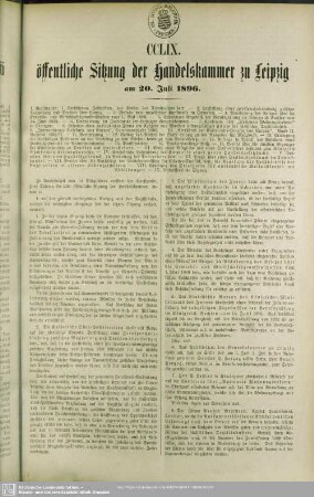 CCLIX. öffentliche Sitzung der Handelskammer zu Leipzig am 20. Juli 1896