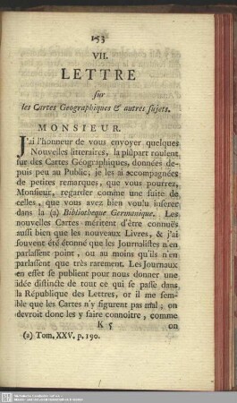 VII. Lettre sur les Cartes Geographiques & autres sujets