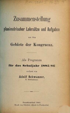 Zusammenstellung planimetrischer Lehrsätze und Aufgaben aus dem Gebiete der Kongruenz