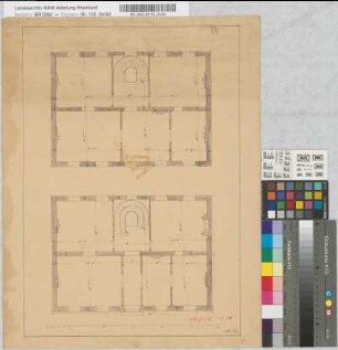 [Entwurf eines Wohngebäudes.] Vorderansicht, Schnitt und Grundrisse z.T. kolorierte Probezeichnungen von Wilhelm Ross