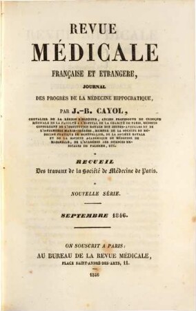 Revue médicale française et étrangère, journal des progrès de la médecine hippocratique. 1846,3, 1846,3