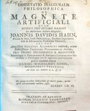 Dissertatio Inauguralis Philosophica De Magnete Artificiali