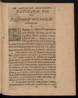 Disputatio VIII. De Argumentis ortis variis & testimonio.