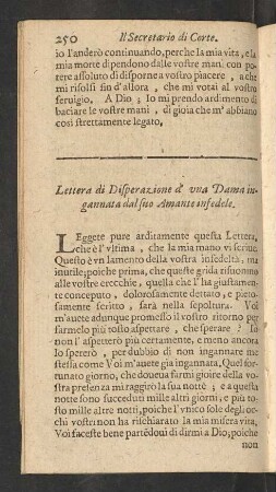 Lettera di Disperazione d' una Dama ingannata dal suo Amante infedele.