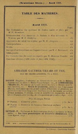 Table des matières. Avril 1893.