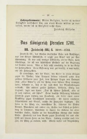 Das Königreich Preußen 1701 III. Friedrich (III.) I. 1688-1713