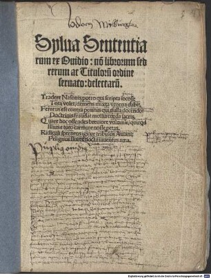 Sylua sententiarum ex Ouidio : no[n] librorum sed rerum ac Tituloru[m] ordine seruato, delectaru[m] ...