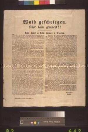 Satrisches Flugblatt: Waih geschriegen, Mer sain gemacht!! Brief des Rebbe Jankef an Rebbe Jatzmach in Warschau über die Revolution in Preußen; undatiert