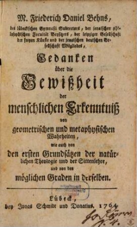Gedanken über die Gewißheit der menschlichen Erkenntniß von geometrischen Wahrheiten