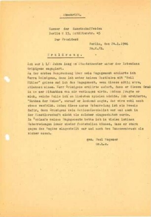 Erklärung von Paul Wegener als dem Präsidenten der "Kammer der Kunstschaffenden", Berlin, zum Verhalten von Gustaf Gründgens während der NS-Zeit