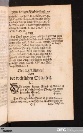Der XXII. Articul. Von der weltlichen Obrigkeit.