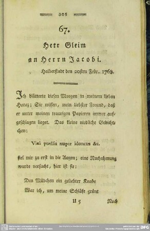67. Herr Gleim an Herrn Jacobi. Halberstadt den 20sten Febr. 1768