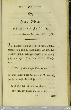 67. Herr Gleim an Herrn Jacobi. Halberstadt den 20sten Febr. 1768