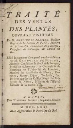 Traité des vertues des plantes : ouvrage posthume